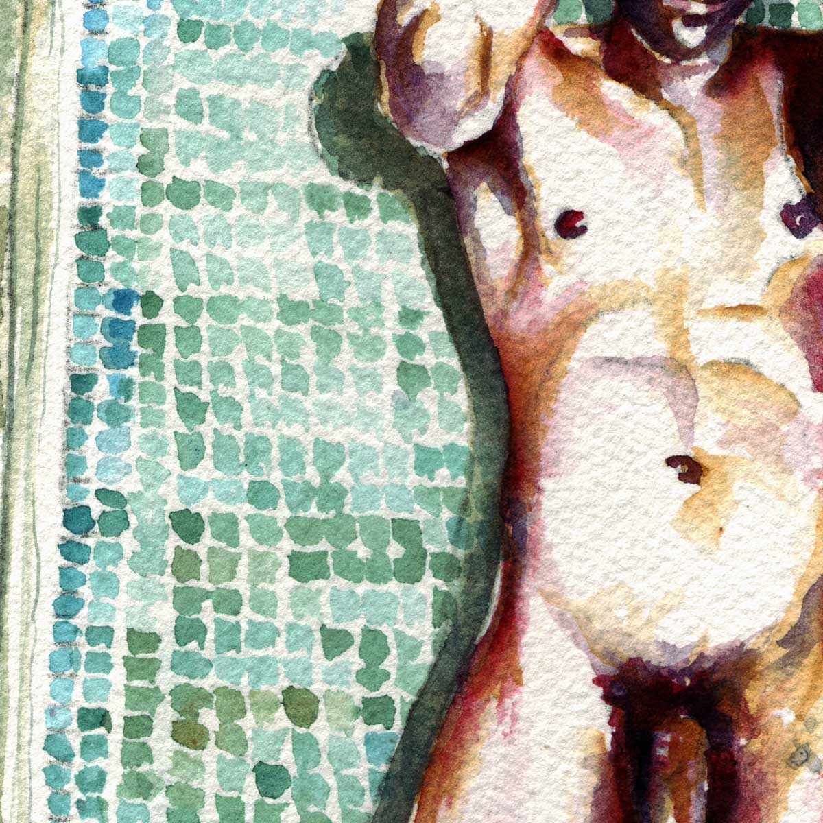 Male Nude Underwater Tiles Resting Against a Mosaic Wall - Art Print