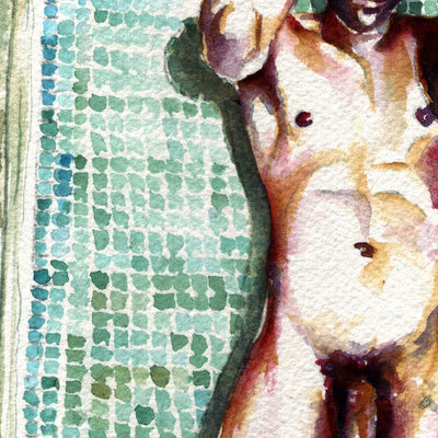 Male Nude Underwater Tiles Resting Against a Mosaic Wall - Art Print Artist Brenden Sanborn