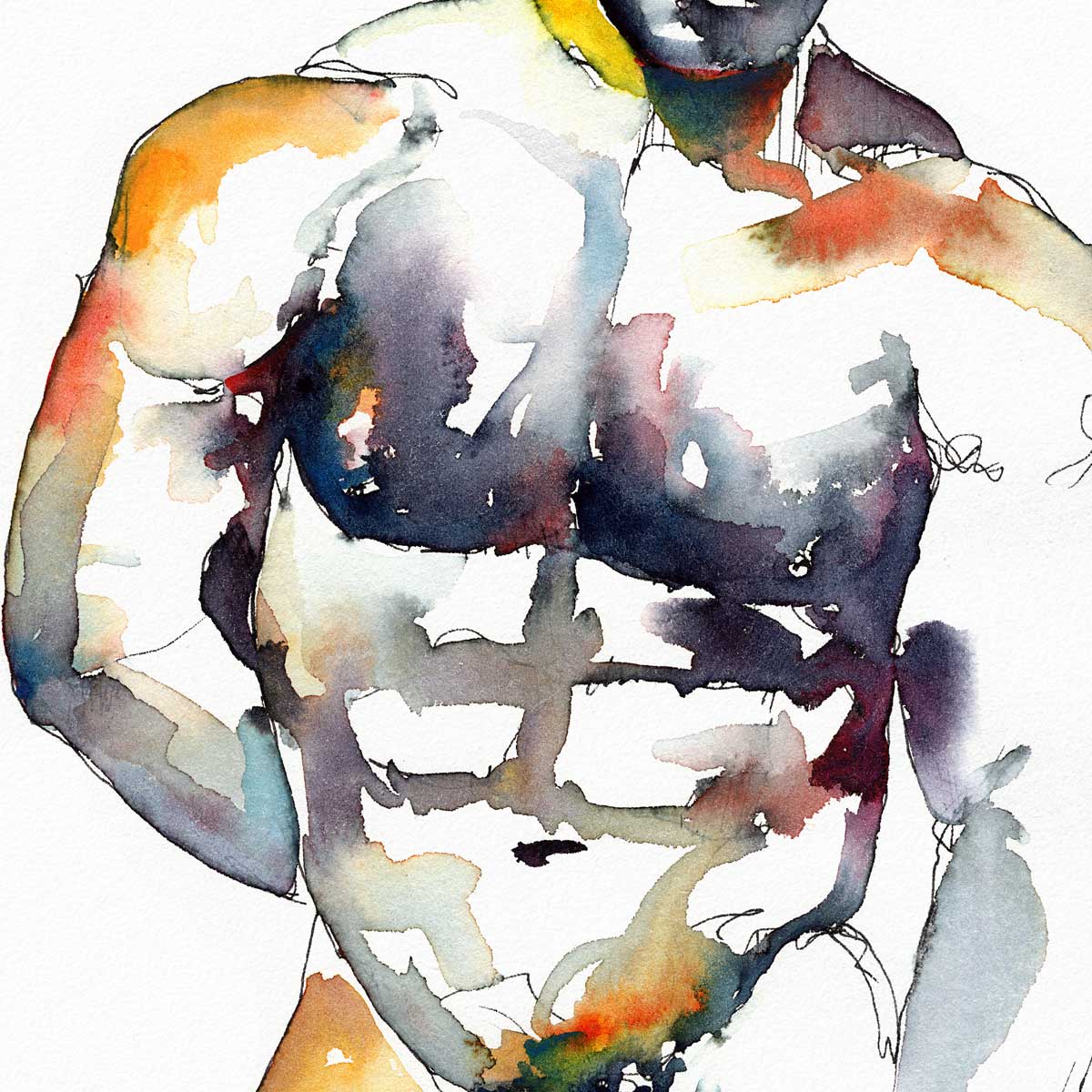 Muscular Male Nude with Intense Stare and Chiseled Abs - Art Print