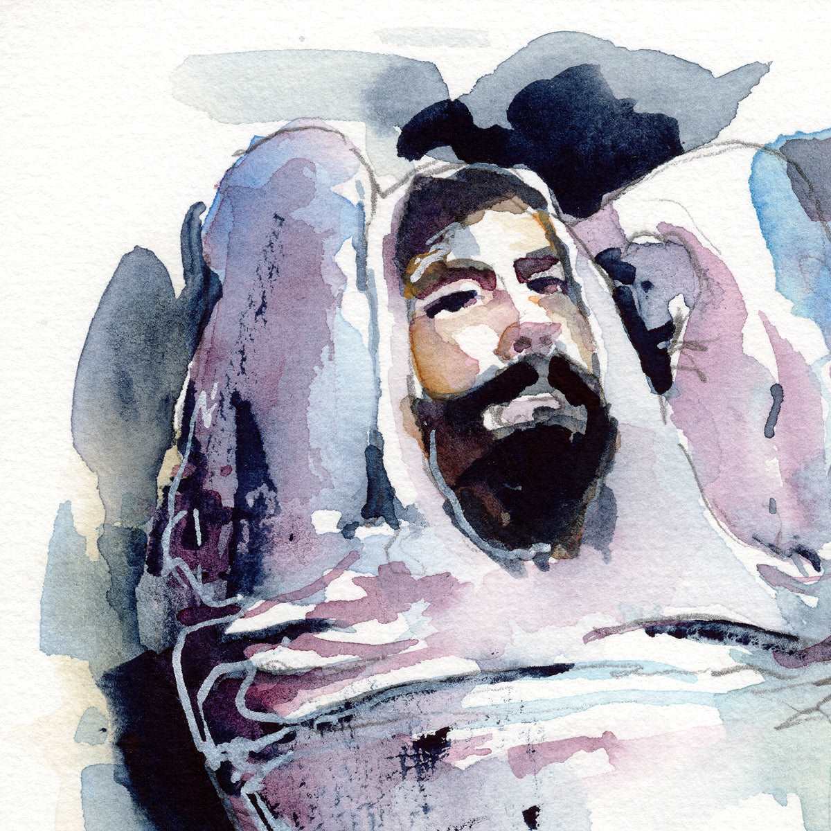 Bearded Man Removing Shirt - 6x9" Original Watercolor Painting