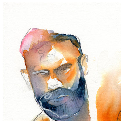 Bearded Trio - Expressive Male Faces with Hairy Chests - 6x9" Original Watercolor Painting