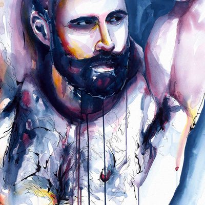 Bearded Man with Raised Arms and Strong, Hairy Chest - Art Print Artist Brenden Sanborn