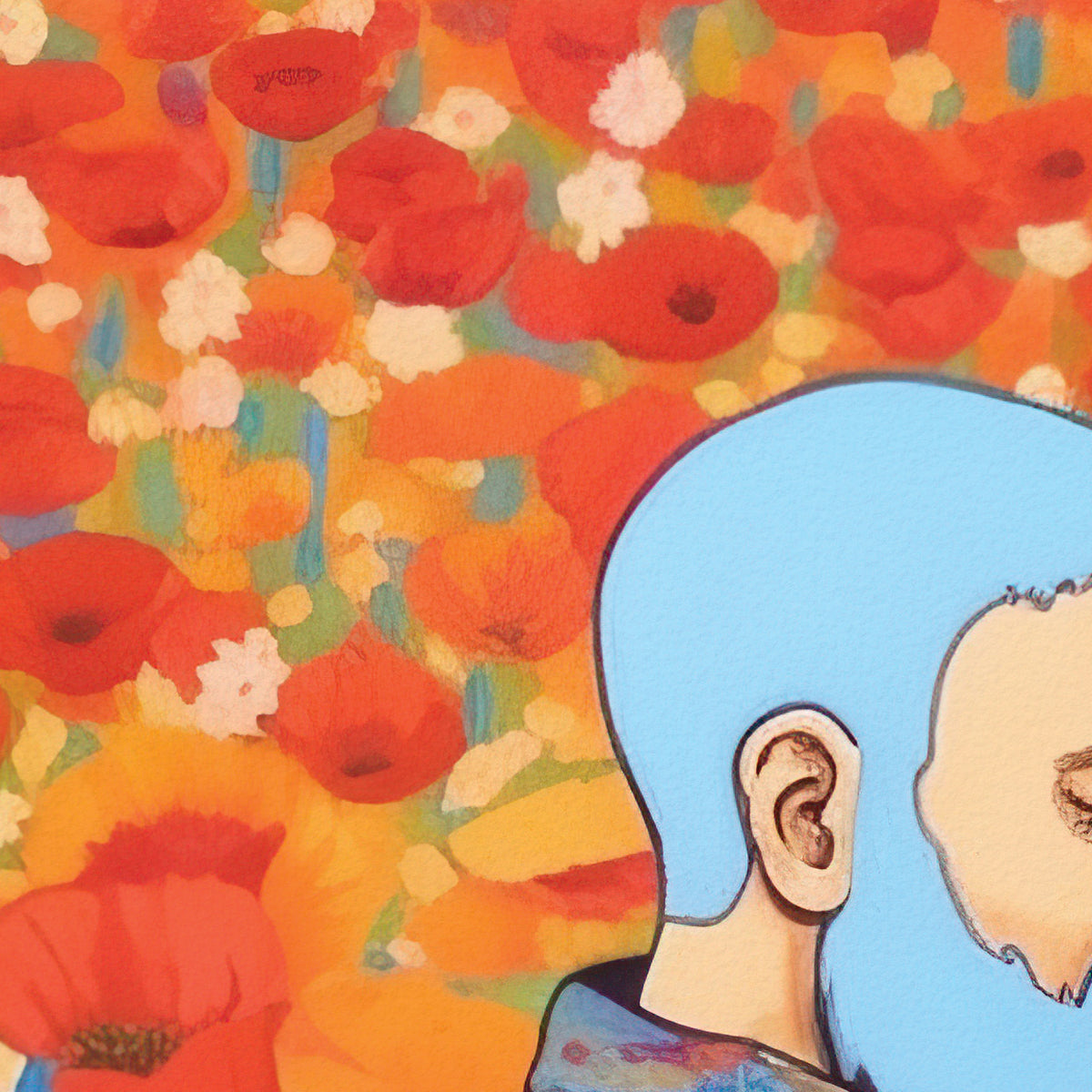 Embrace in Poppy Field - Bearded Gay Lovers in Floral Bliss - Giclee Art Print
