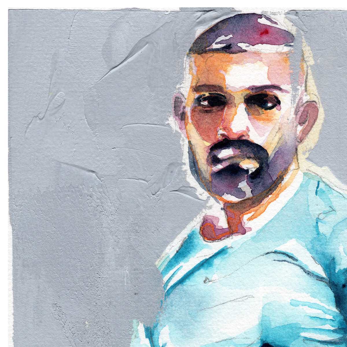 Bearded Man in Light Blue Shirt with Muscular Arms - 6x9" Original Watercolor Painting