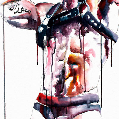 Muscular Bearded Man in Harness with Tattoos - Art Print Artist Brenden Sanborn