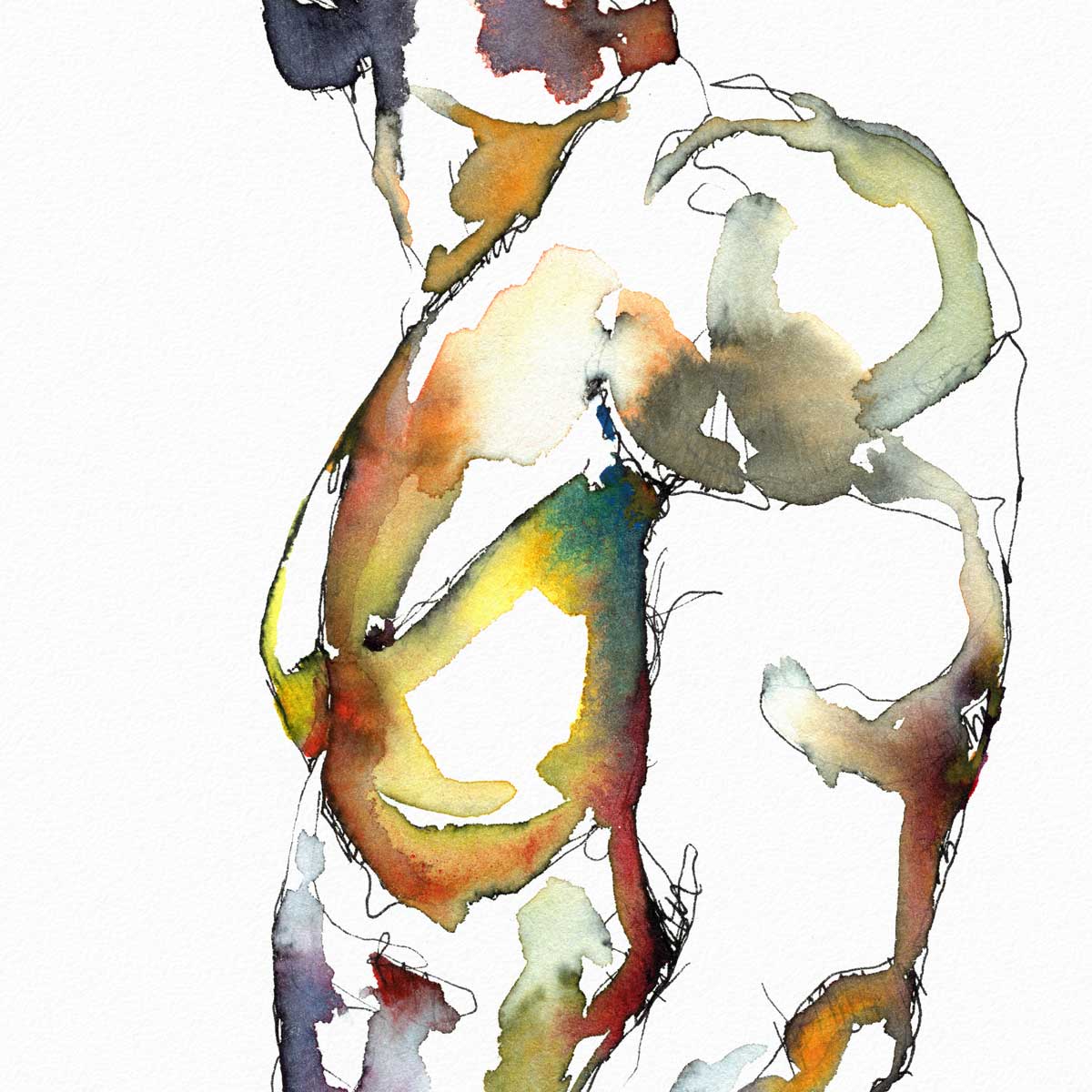 Male Figure in Vibrant Abstraction Looking Away - Art Print