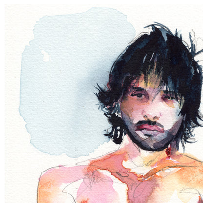 Handsome Young Cuban Man with Long Hair and Beard - Original Watercolor Painting