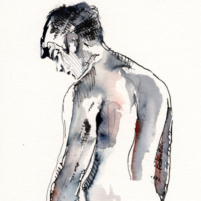 Solitary Reflection - Nude Male Form in Ink - 6x9" Original Watercolor Artist Brenden Sanborn