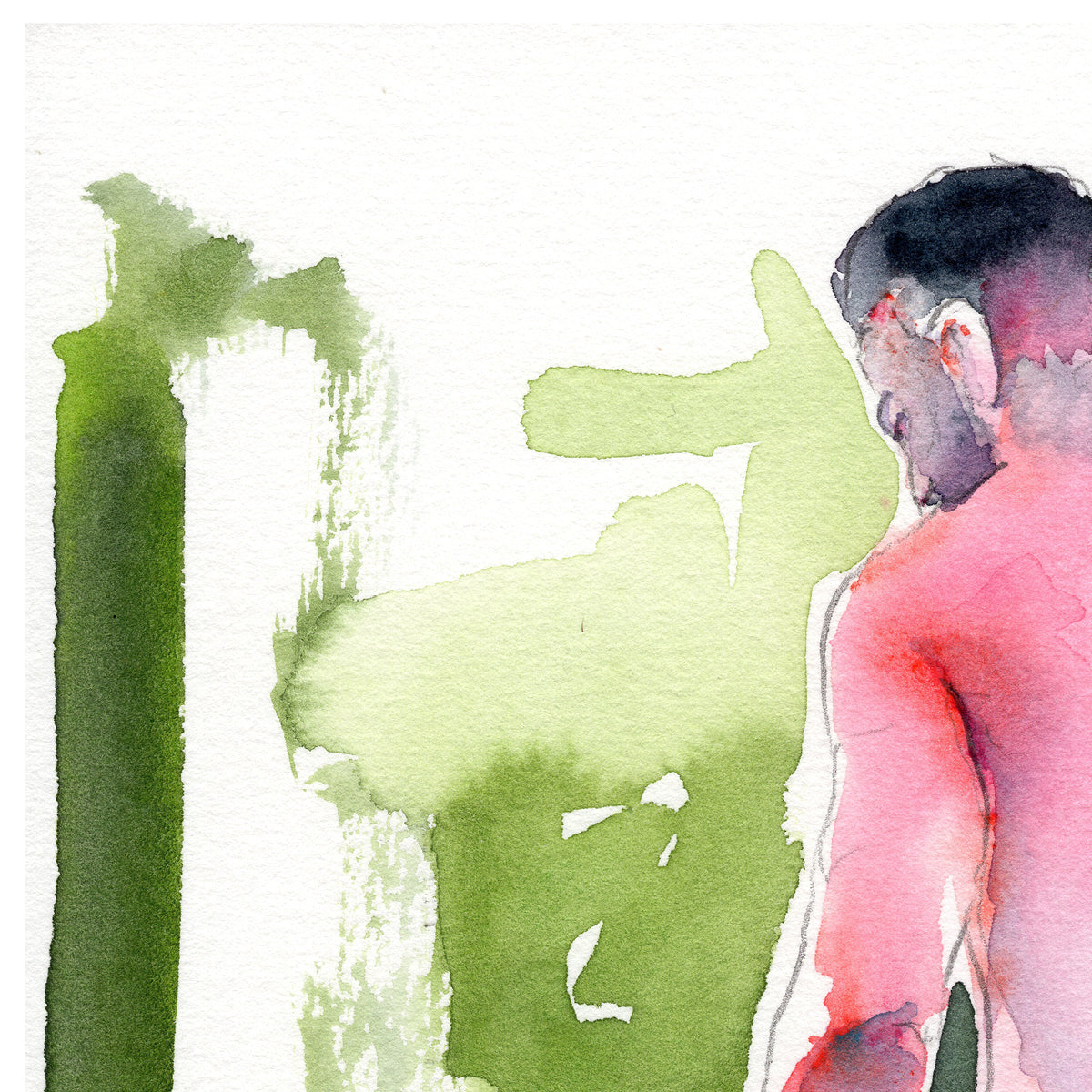 Nude Male, Rear View Highlighting Strong Back and Defined Legs - 6x9" Original Watercolor Painting