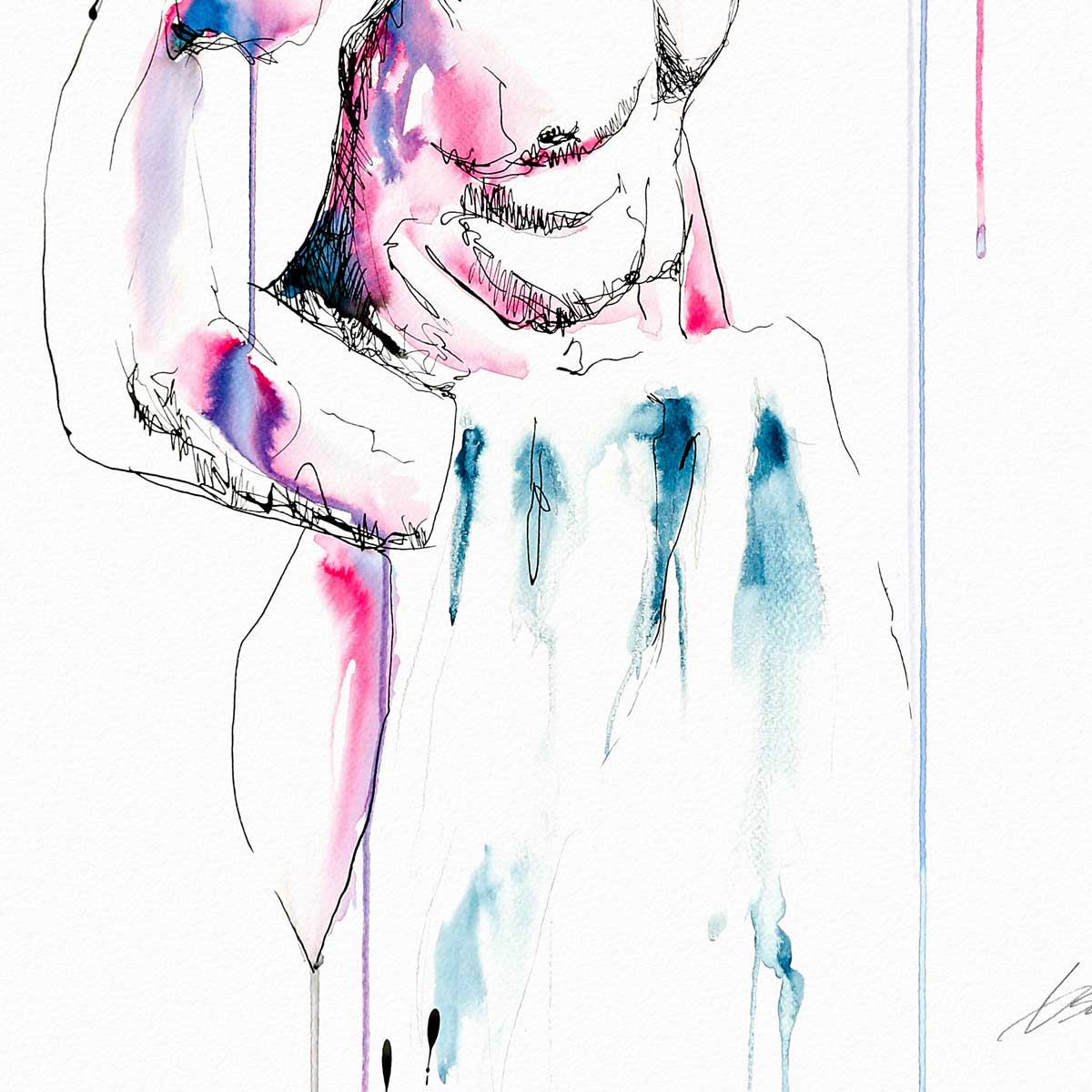 Nude Male Draped in Cloth with Downcast Gaze - Art Print