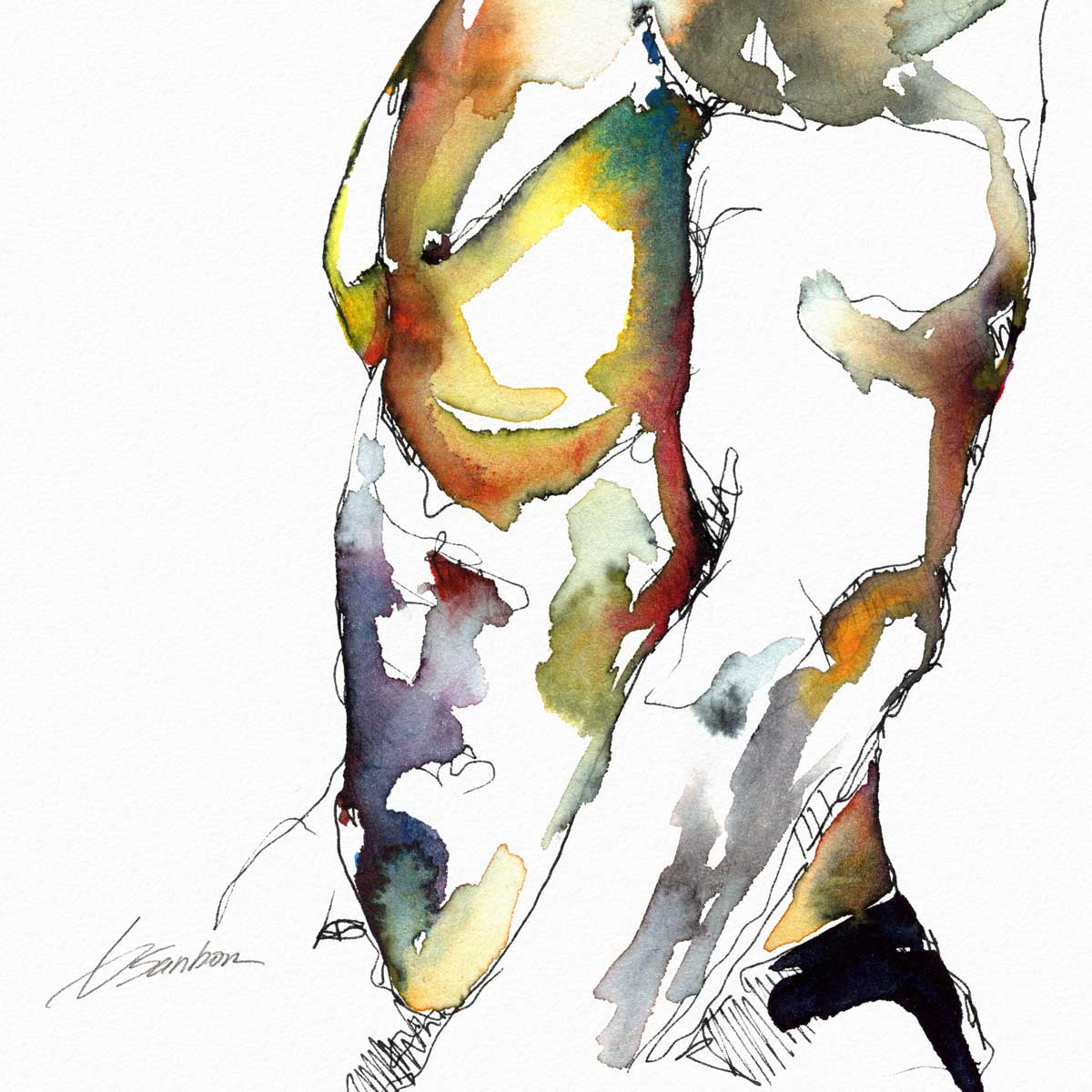 Male Figure in Vibrant Abstraction Looking Away - Art Print