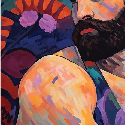 Embracing Solitude - Bearded Man with Hairy Chest in Floral Bliss - Giclee Art Print