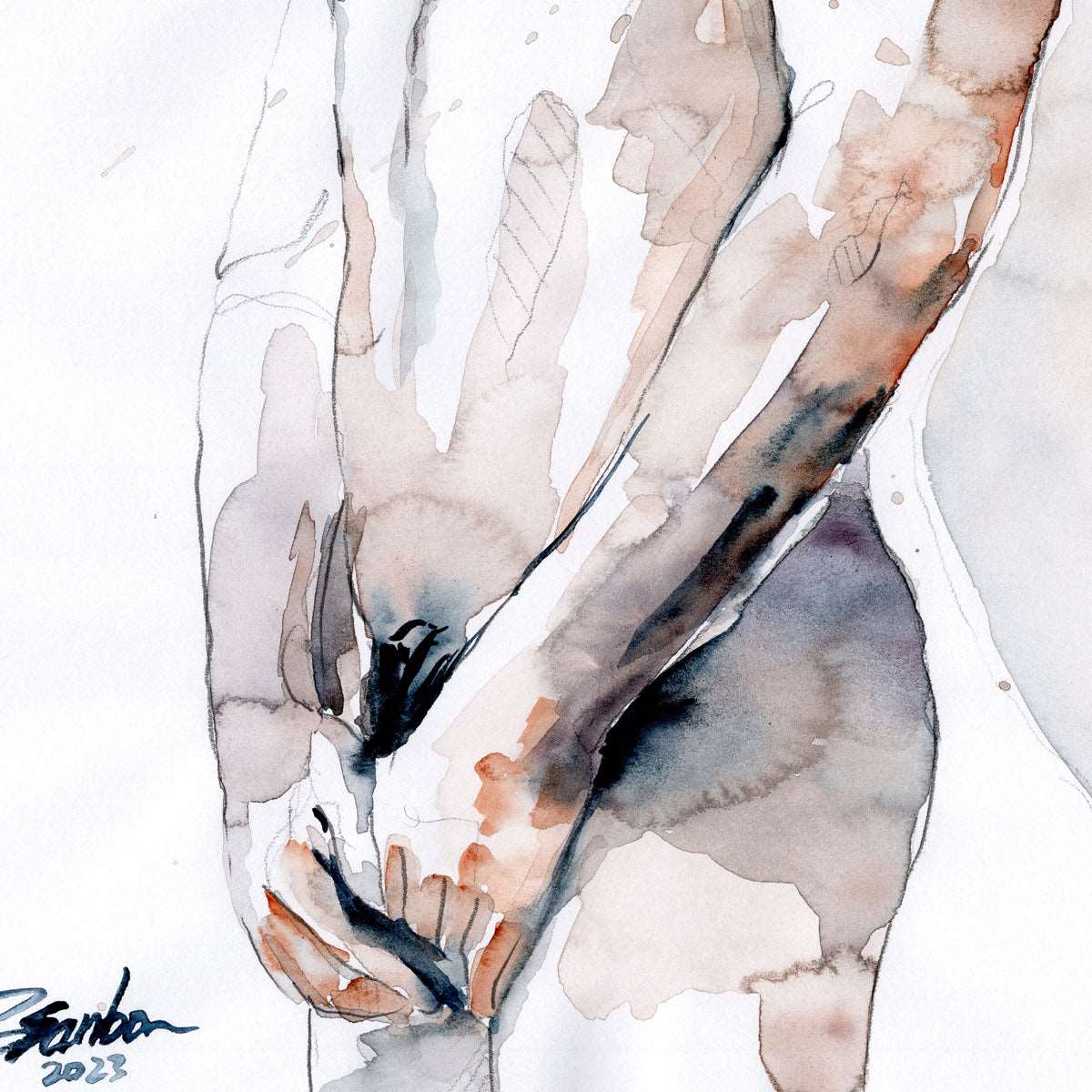 Lean Male Figure, Delicate Pose with Subtle Strength - 9x12" Original Watercolor Painting