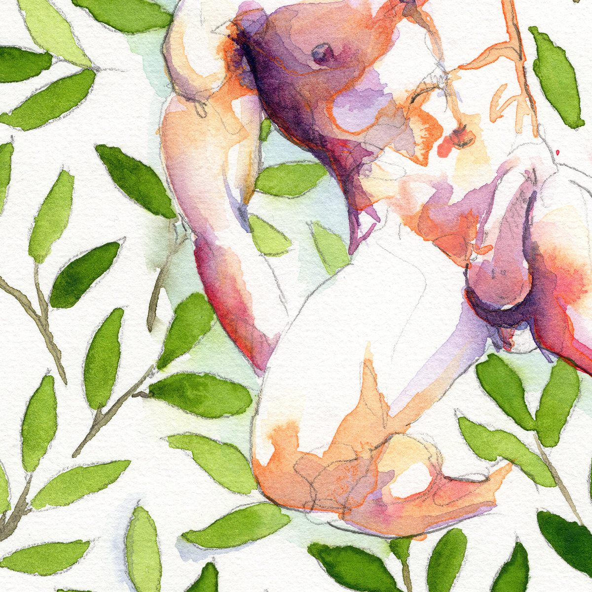 Nude Male Figure Amidst Lush Foliage - 6x9" Original Painting