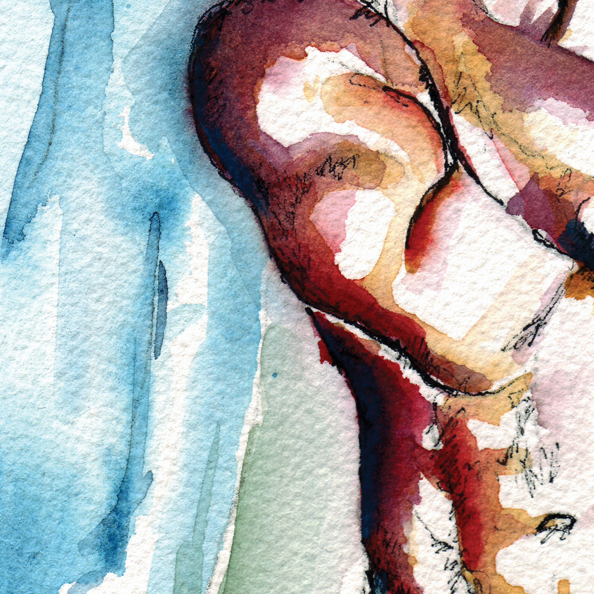 Eyes Closed Full Nude: Muscular Chest in Radiant Watercolor - Giclee Art Print