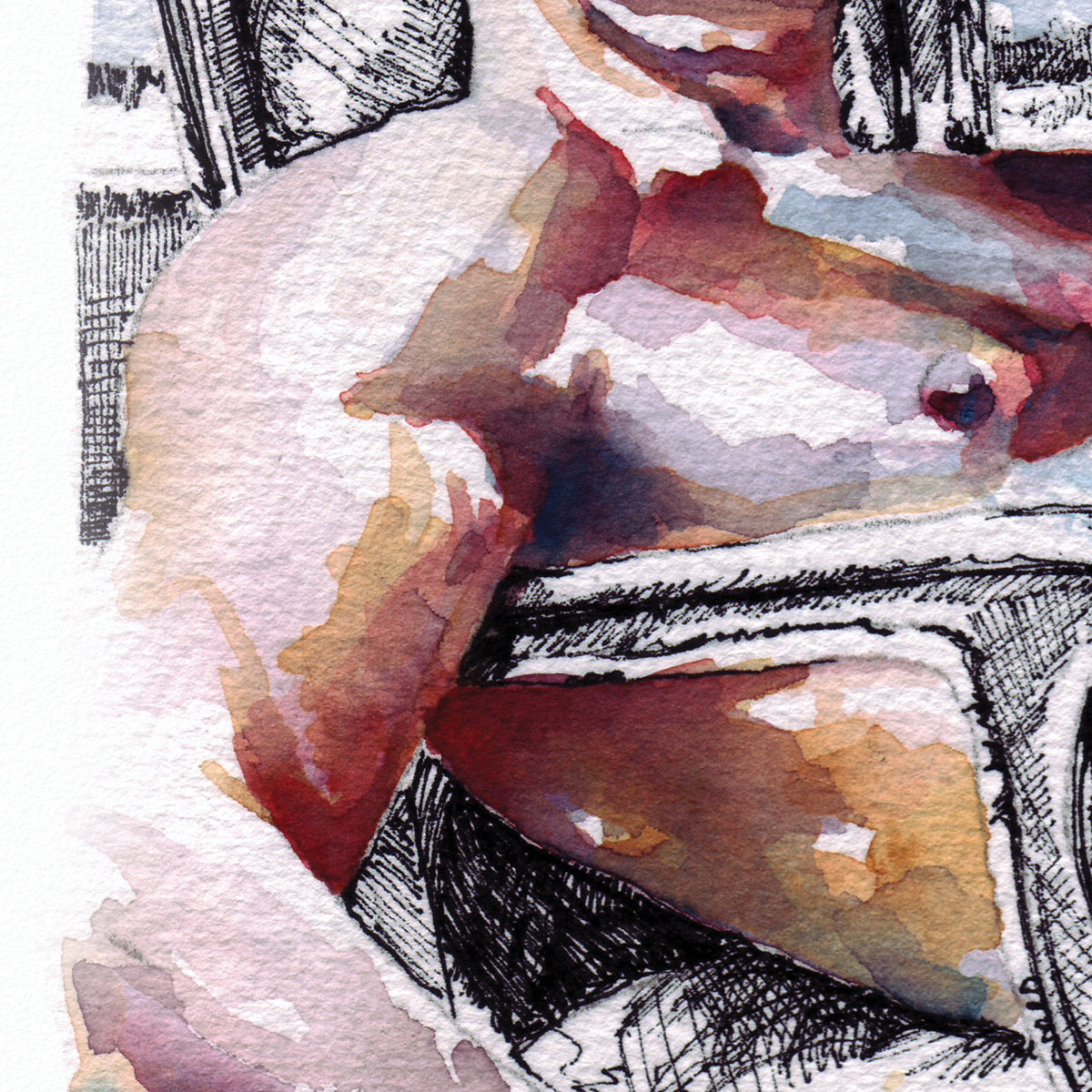 Older Man Seated: Male Nude Contemplative Pose in Watercolor & Ink - Giclee Art Print
