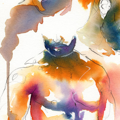 Bearded Trio - Expressive Male Faces with Hairy Chests - 6x9" Original Watercolor Painting