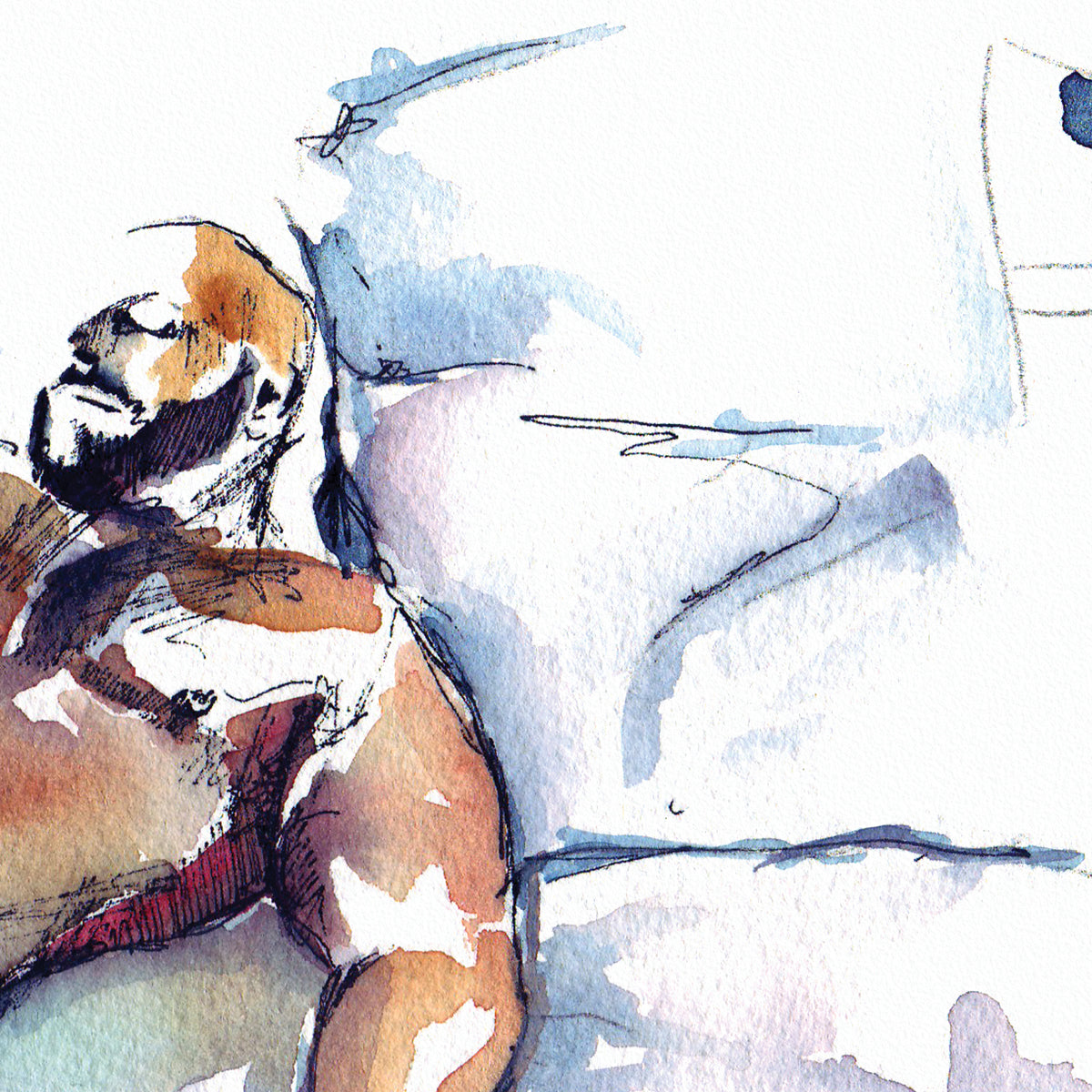 Sunlit Dreams: Nude Muscle Bear's Serene Repose on White Linen - Giclee Art Print