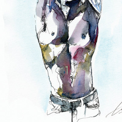 Sultry Descent of Fabric: Well-Toned Man Revealed - Original by Brenden Sanborn Artist Brenden Sanborn