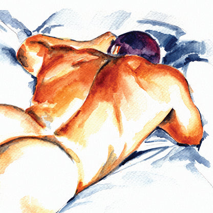 Muscular Man on Messy Bed, Highlighting Strong Arms & Legs - Giclee Art Print