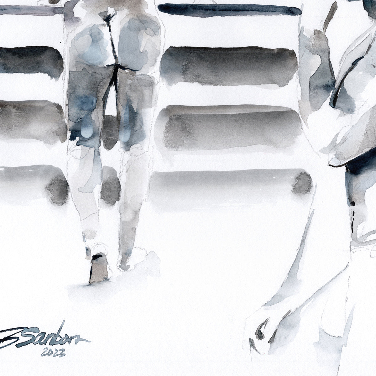 Two Male Figures, Muscular Seated Man and Standing Figure with Defined Buttocks - 9x12" Original Watercolor Painting