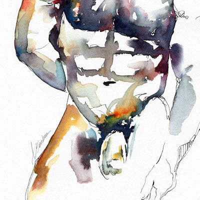 Muscular Male Nude with Intense Stare and Chiseled Abs - Art Print Artist Brenden Sanborn