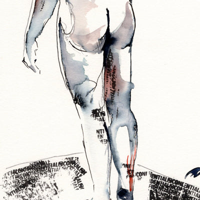 Solitary Reflection - Nude Male Form in Ink - 6x9" Original Watercolor Artist Brenden Sanborn