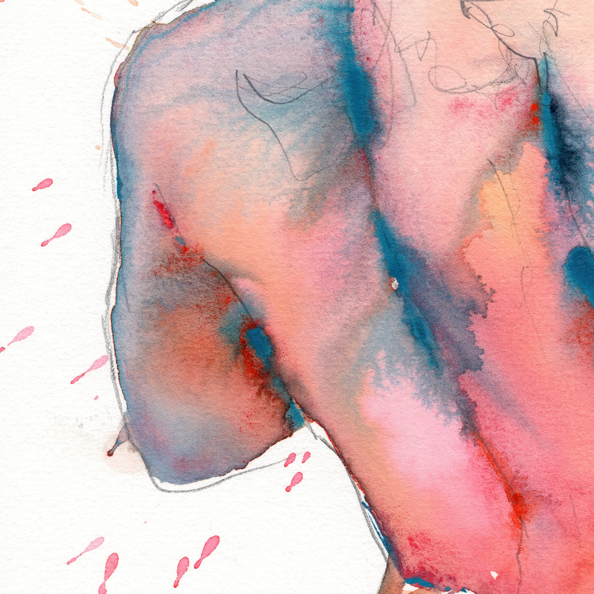 Nude Male, Standing with Splattered Background - 6x9" Original Watercolor Painting