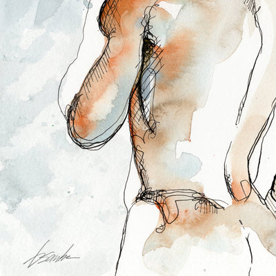 Sensual Male with Strong Back & Raven-Hued Hair - 9x12" Original Watercolor Artist Brenden Sanborn
