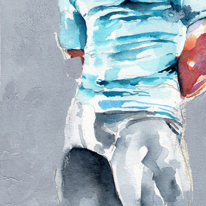Bearded Man in Light Blue Shirt with Muscular Arms - 6x9" Original Watercolor Painting