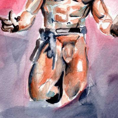 Nude Cowboy Standing in Leather Hat and Holster - Art Print Artist Brenden Sanborn