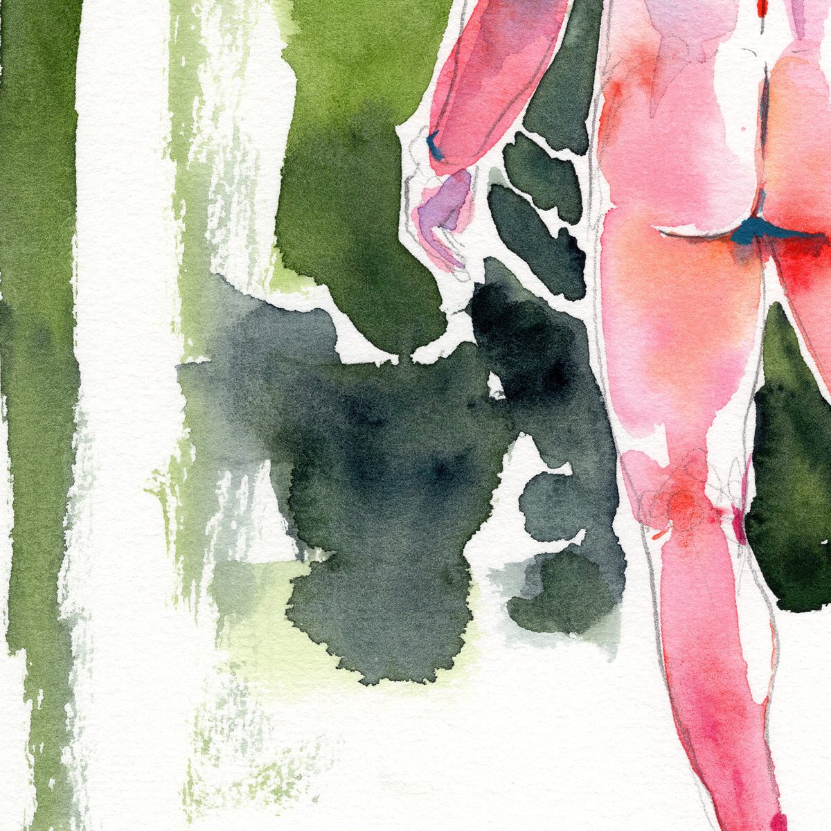 Nude Male, Rear View Highlighting Strong Back and Defined Legs - 6x9" Original Watercolor Painting