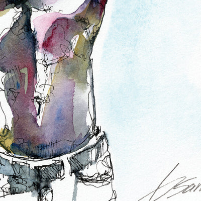 Sultry Descent of Fabric: Well-Toned Man Revealed - Original by Brenden Sanborn Artist Brenden Sanborn