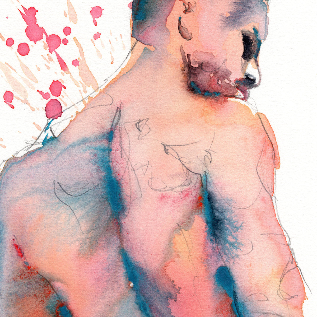Nude Male, Standing with Splattered Background - 6x9" Original Watercolor Painting