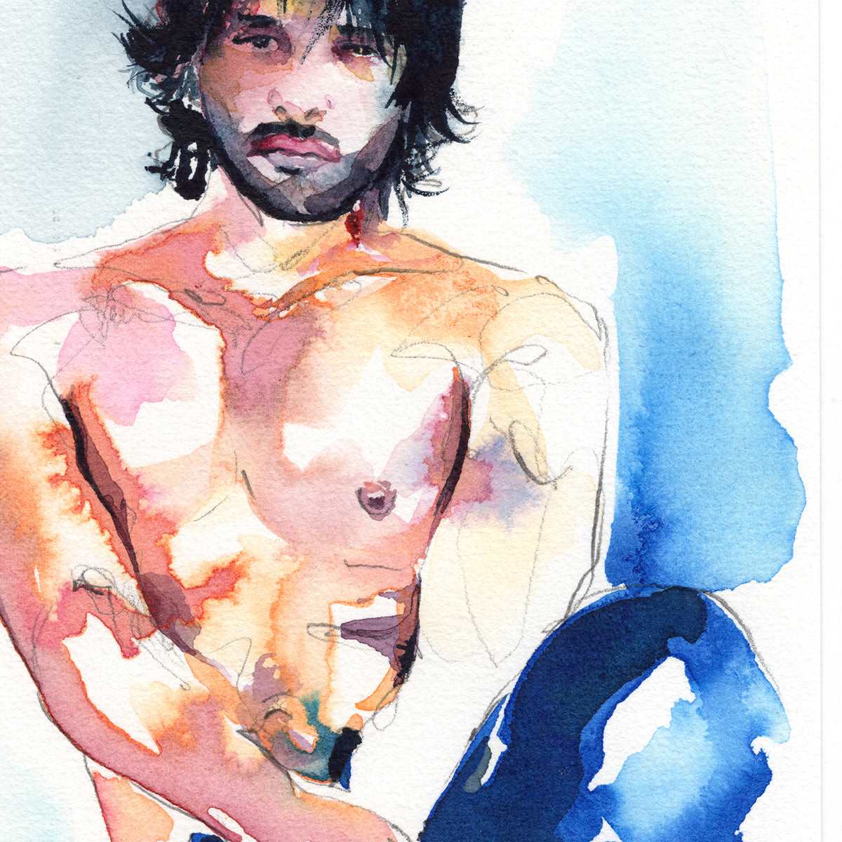 Handsome Young Cuban Man with Long Hair and Beard - Original Watercolor Painting