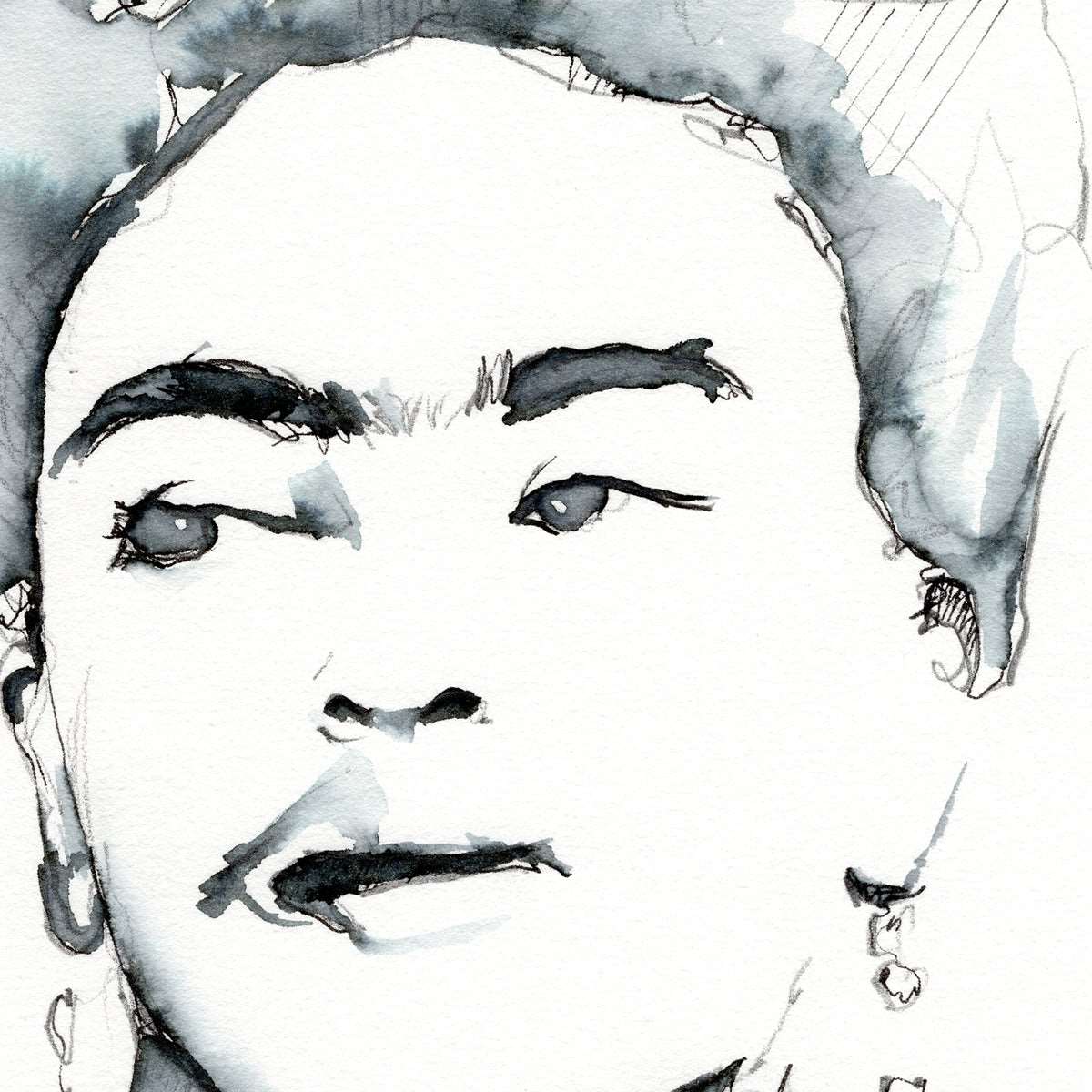 Frida Kahlo Portrait with Signature Eyebrows and Earrings - 6x9" Original Ink Painting