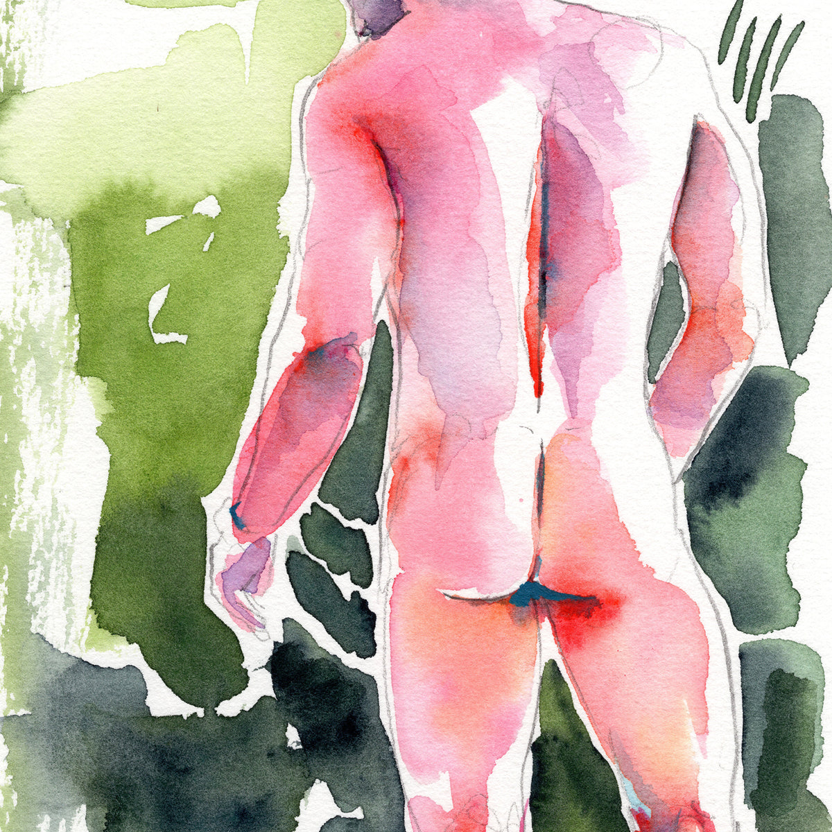 Nude Male, Rear View Highlighting Strong Back and Defined Legs - 6x9" Original Watercolor Painting