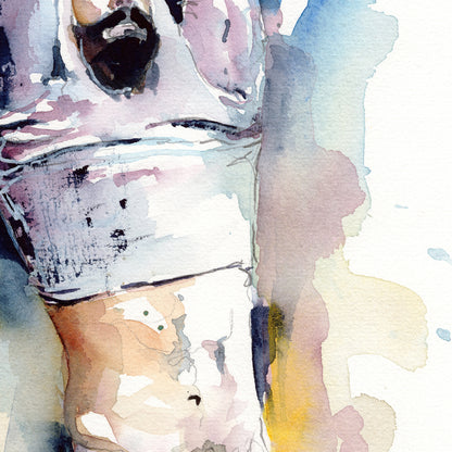 Bearded Man Removing Shirt - 6x9" Original Watercolor Painting