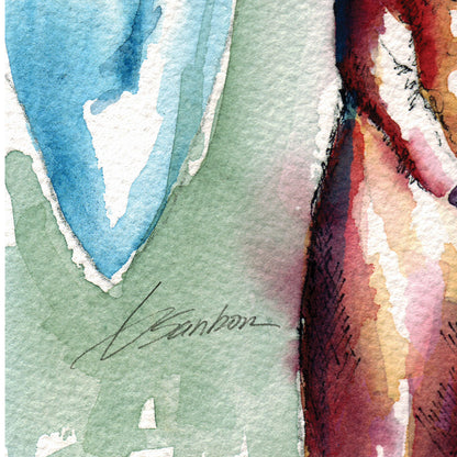 Eyes Closed Full Nude: Muscular Chest in Radiant Watercolor - Giclee Art Print