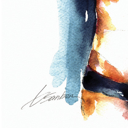 Sunlit Caress - Watercolor Male Torso with Hands Clasped Overhead - Giclee Art Print