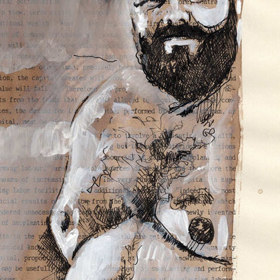 Literary Bear - Hairy Gay Man on Book Page - 6x9" Original Art Artist Brenden Sanborn