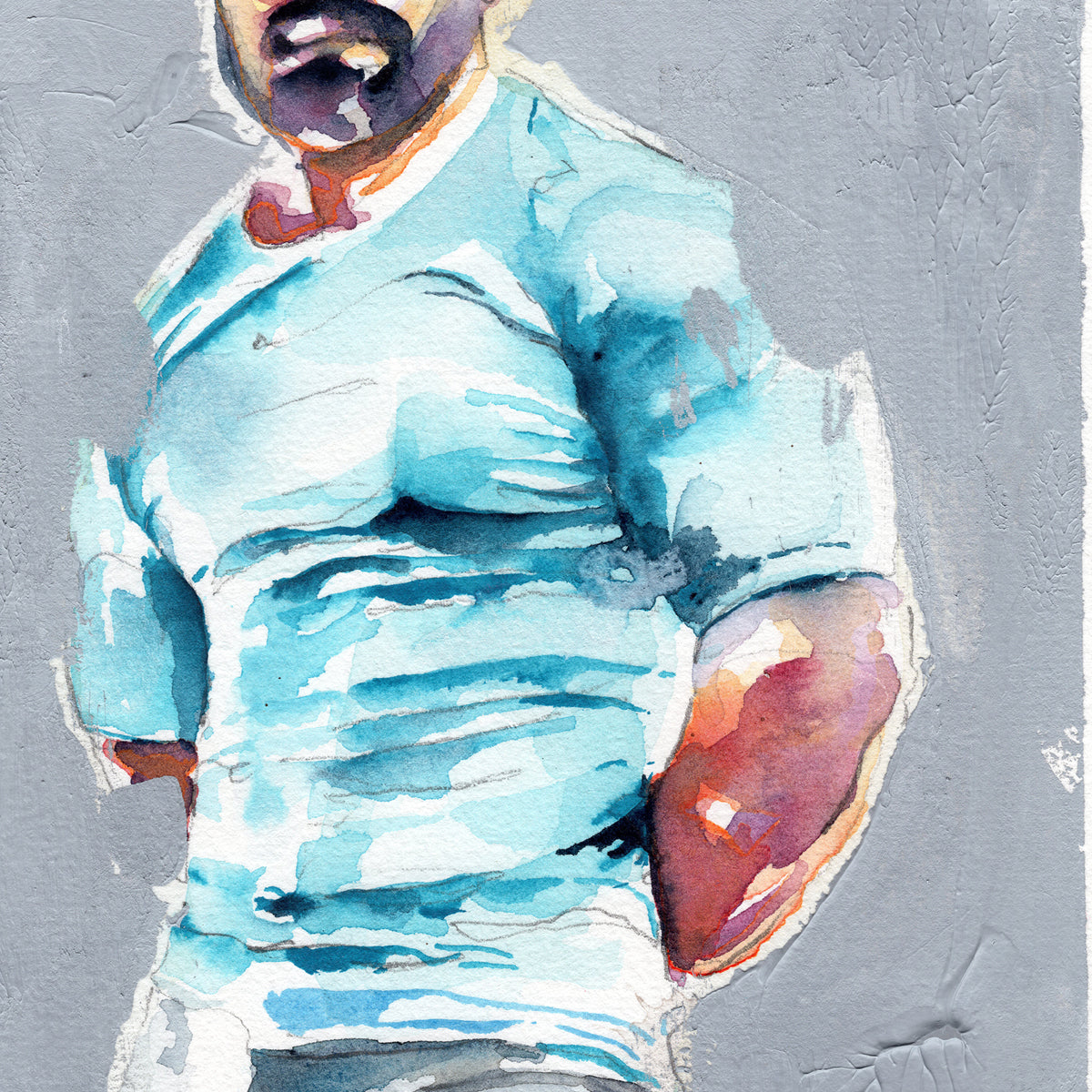 Bearded Man in Light Blue Shirt with Muscular Arms - 6x9" Original Watercolor Painting
