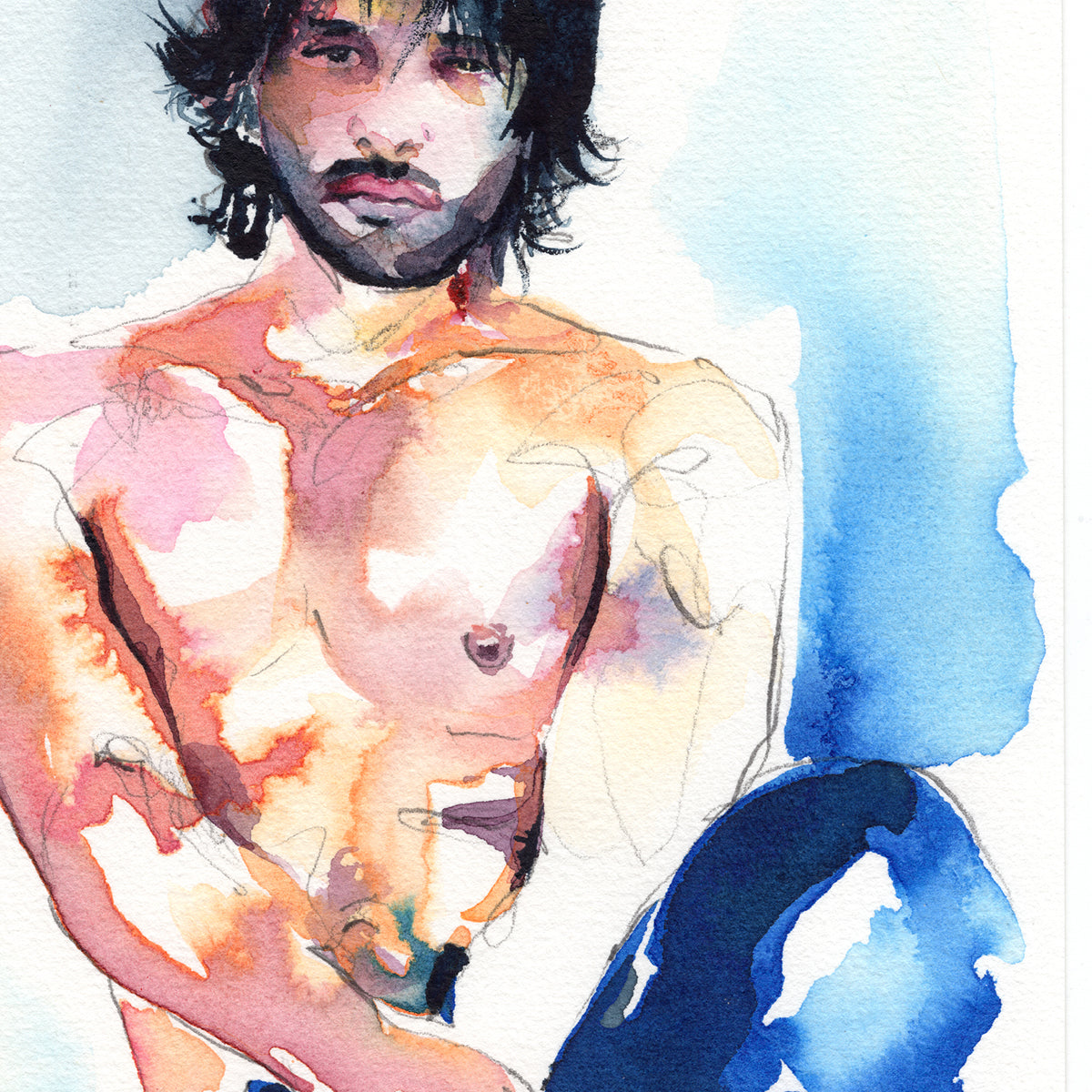 Handsome Young Cuban Man with Long Hair and Beard - Original Watercolor Painting