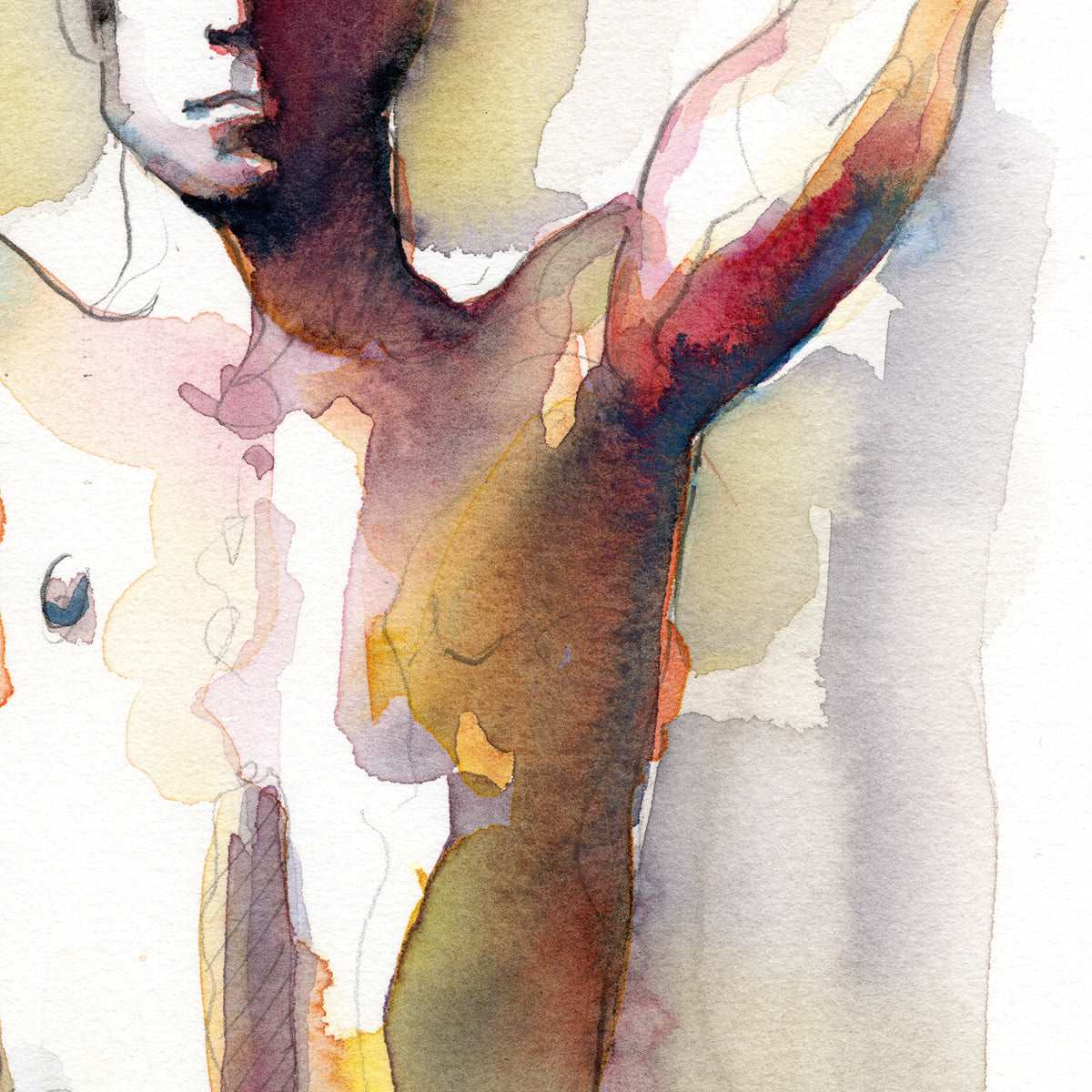 Alluring Nude Male Figure with Striking Profile - 6x9" Original Watercolor Painting