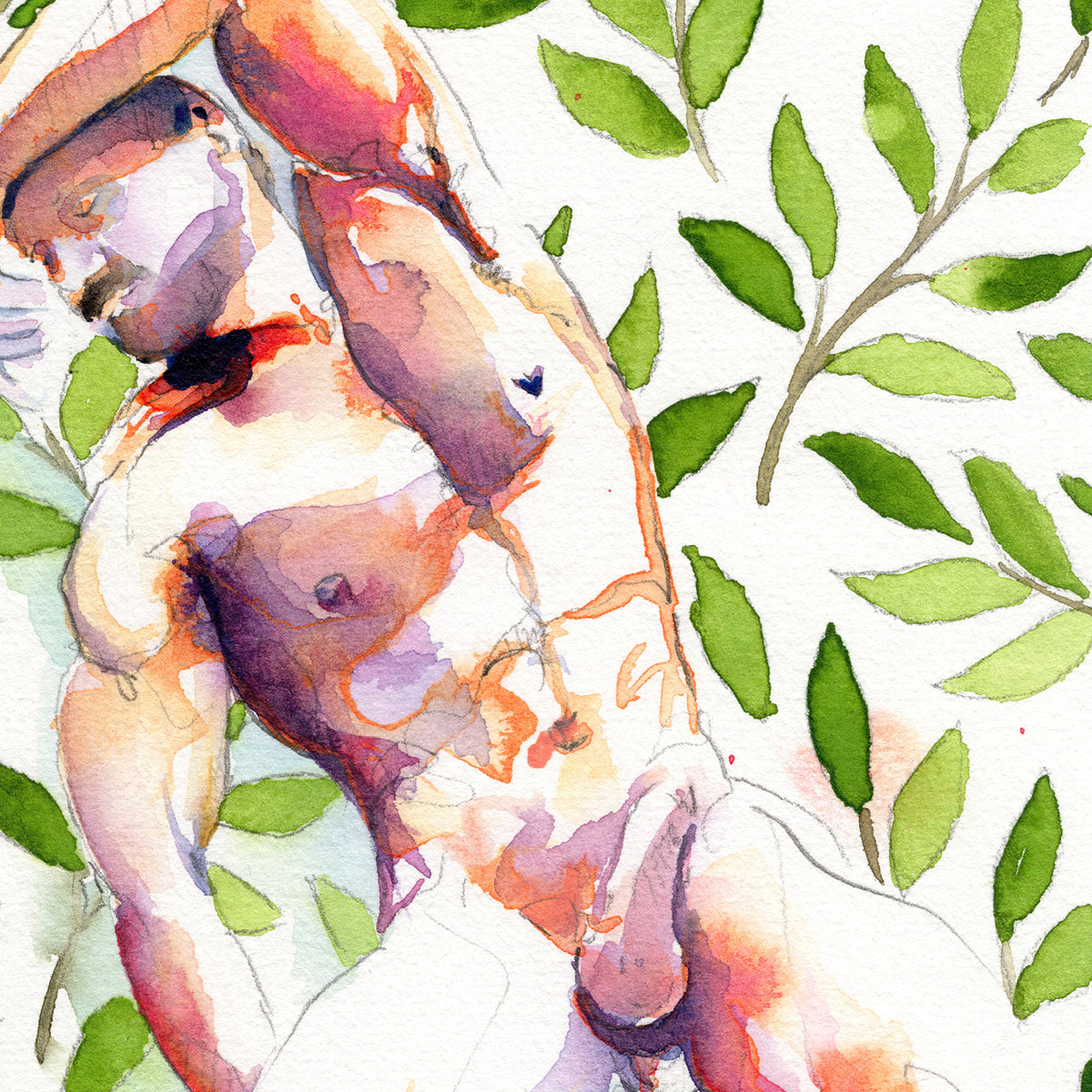 Nude Male Figure Amidst Lush Foliage - 6x9" Original Painting