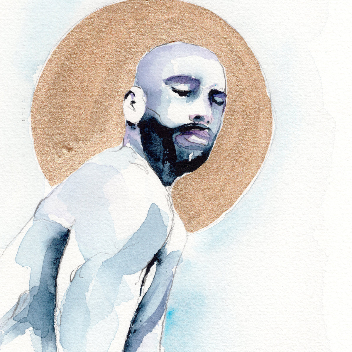 Serene Bearded Man with Golden Halo - 6x9" Original Watercolor Painting