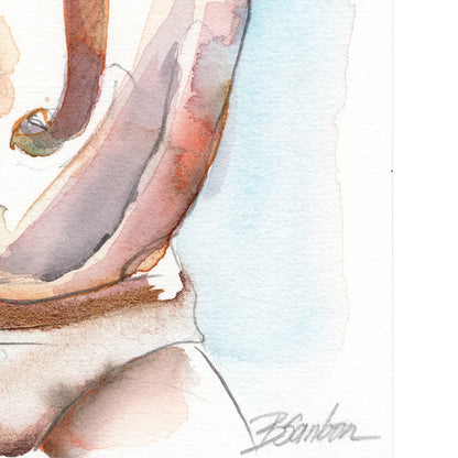 Nude Male with Defined Muscularity and Evocative Pose - 6x9" Original Watercolor Painting