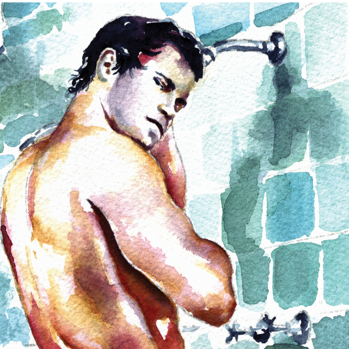 Man in Men's Locker Room, Muscular Figure with Modest Pose & Cute Smile - Giclee Art Print