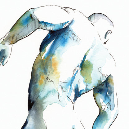 Aquatic Dance - Watercolor Male Figure in Dynamic Motion - Giclee Art Print