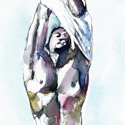 Sultry Descent of Fabric: Well-Toned Man Revealed - Original by Brenden Sanborn Artist Brenden Sanborn
